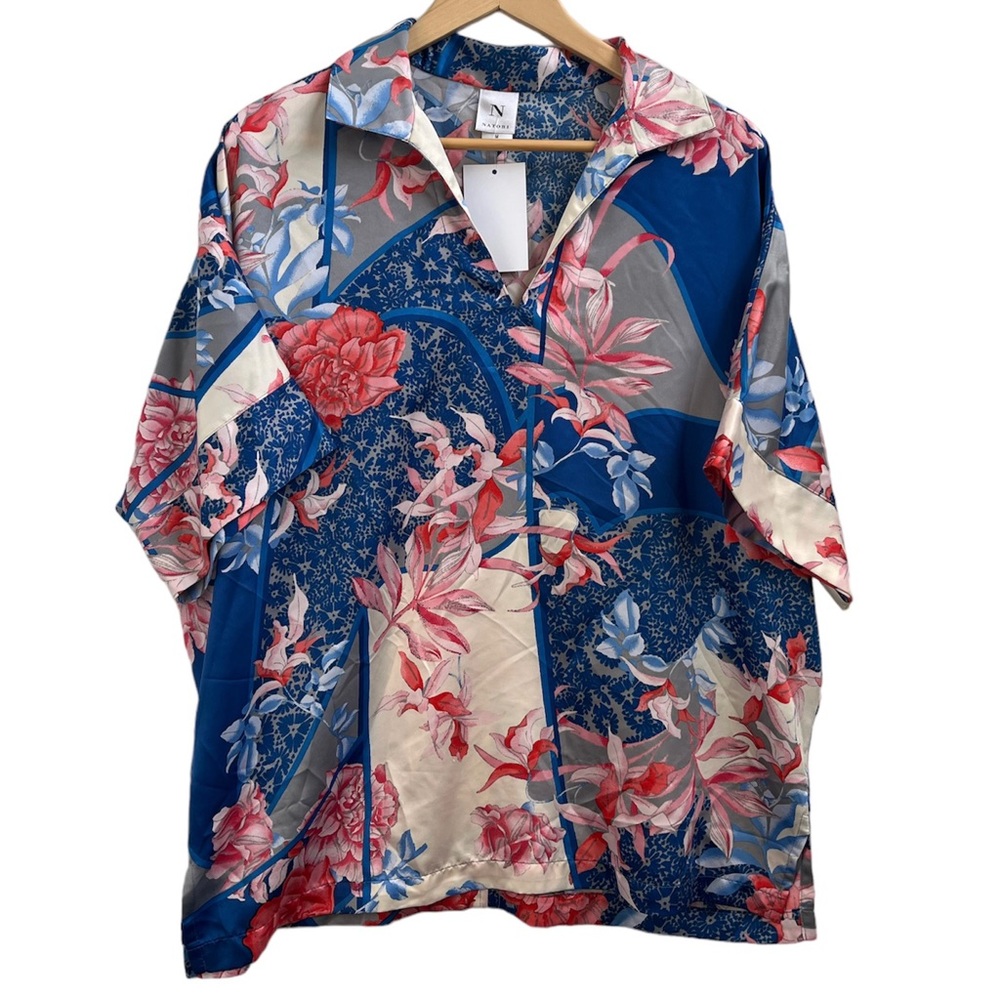 Natori Pajama Top Size M Blue Pink Floral Satin Short Sleeve
